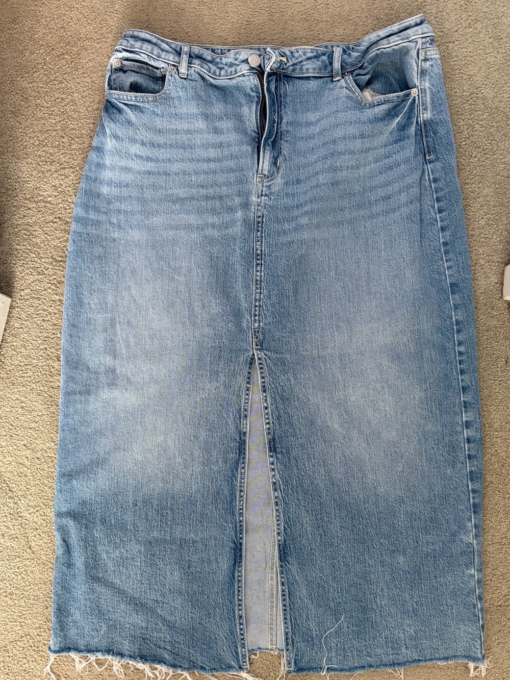 Light Blue Denim Midi Skirt with Front Slit